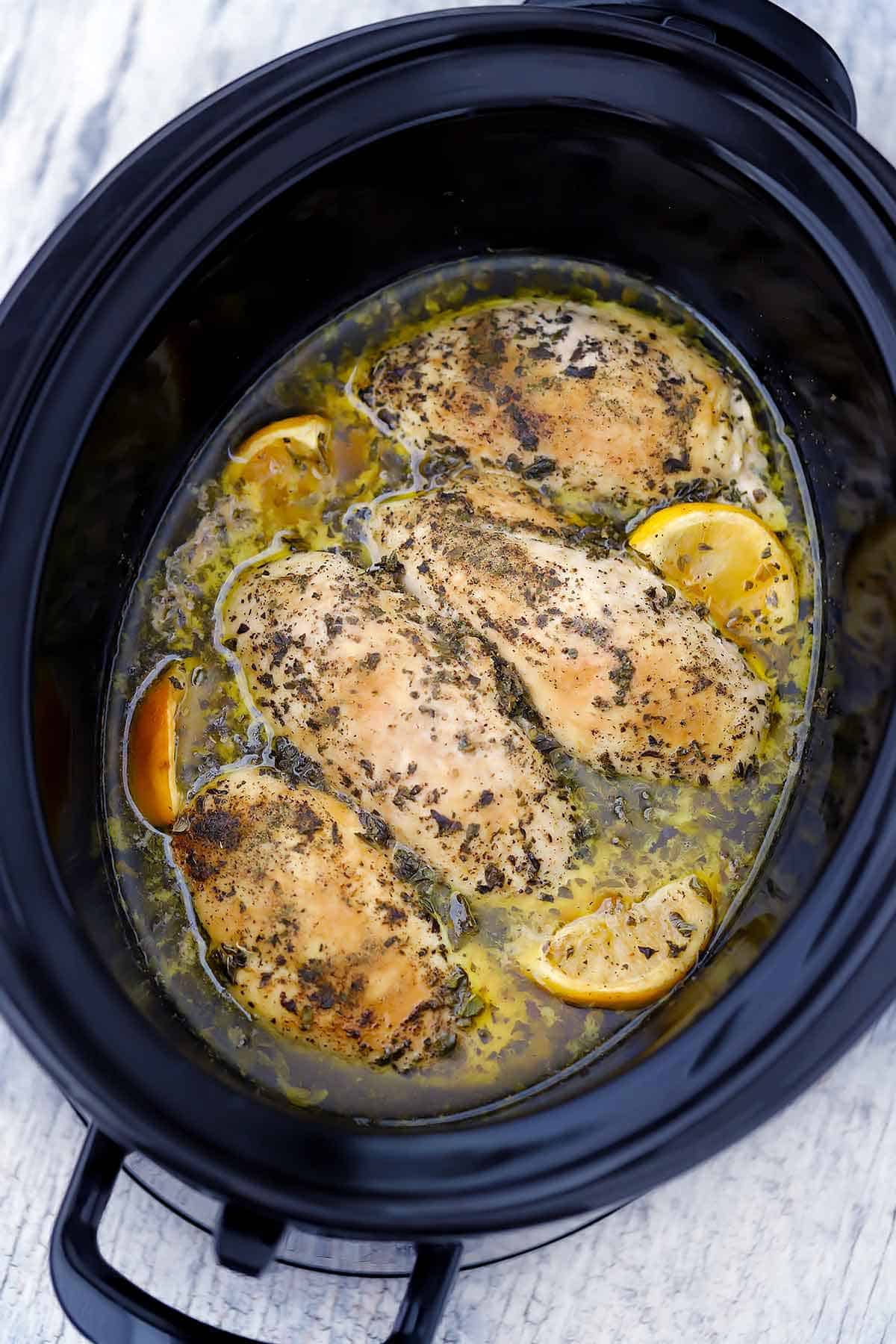 Cooked chicken breasts with oregano and lemon in a slow cooker.