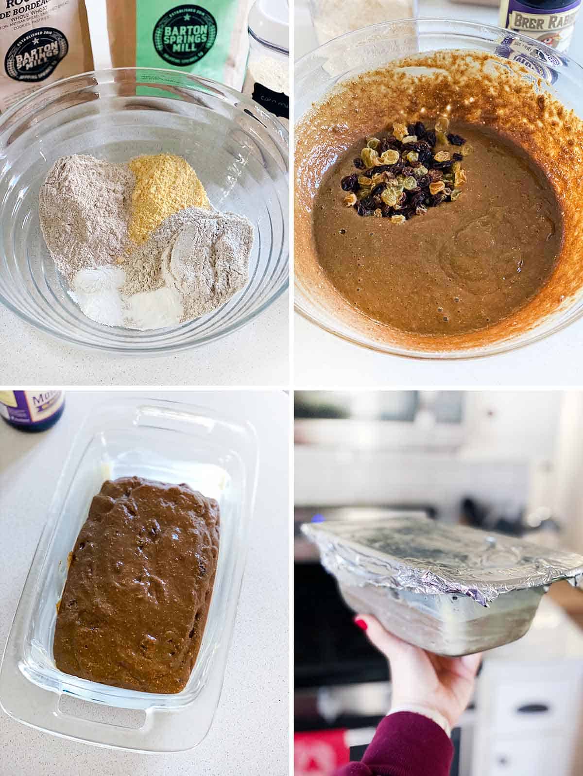 Process collage showing how to mix the batter for New England brown bread and seal with foil to steam.