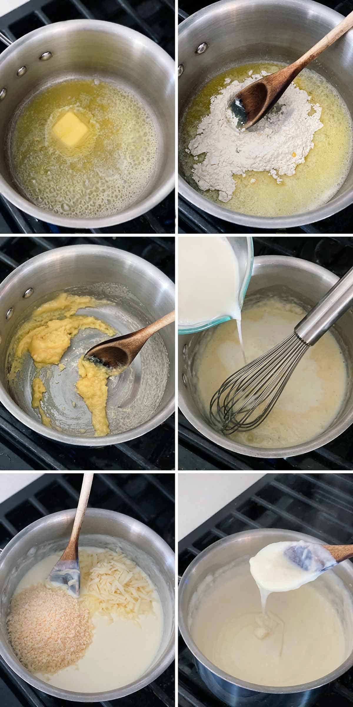 Process collage showing how to make a cheese sauce for gratin with gruyere and parmesan.