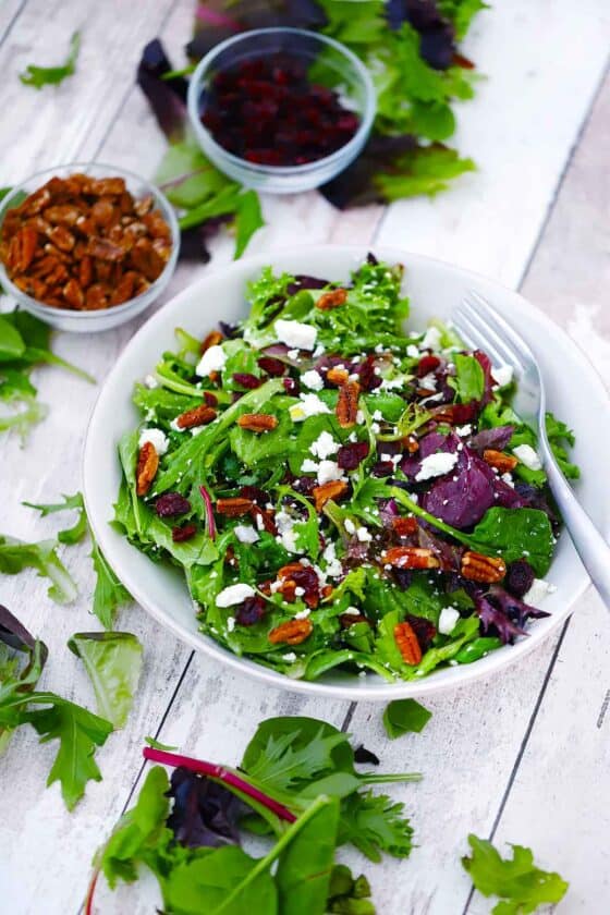 Goat Cheese, Cranberry, + Pecan Mixed Green Salad Bowl of Delicious