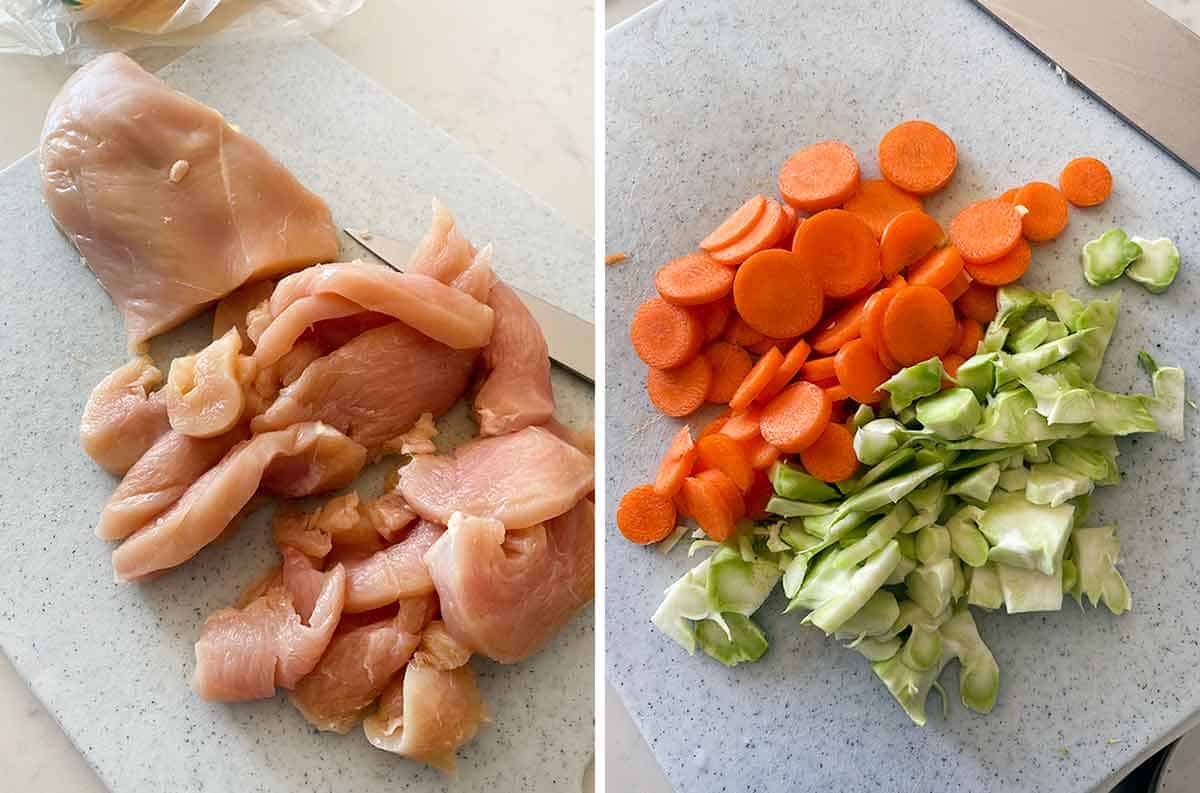 Thinly sliced chicken breast against the grain and sliced broccoli stems and carrot rounds.