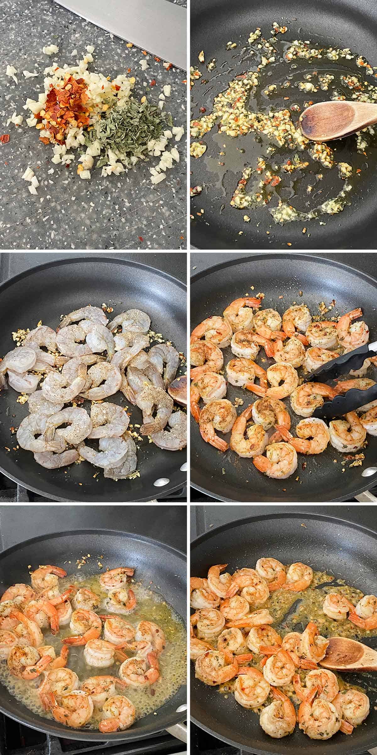 Process collage showing how to saute shrimp in chopped garlic, herbs, and spicy crushed red pepper and deglaze with wine and lemon juice to make a thick sauce.