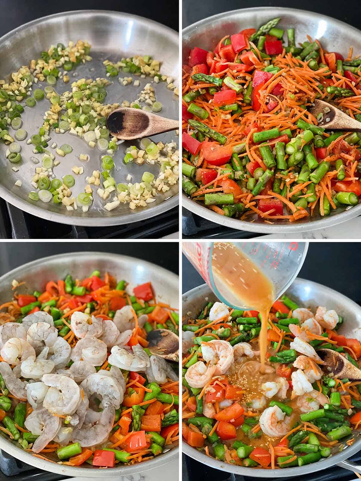 Process collage showing how to make shrimp stir fry with garlic, ginger, vegetables, and sauce in a skillet.