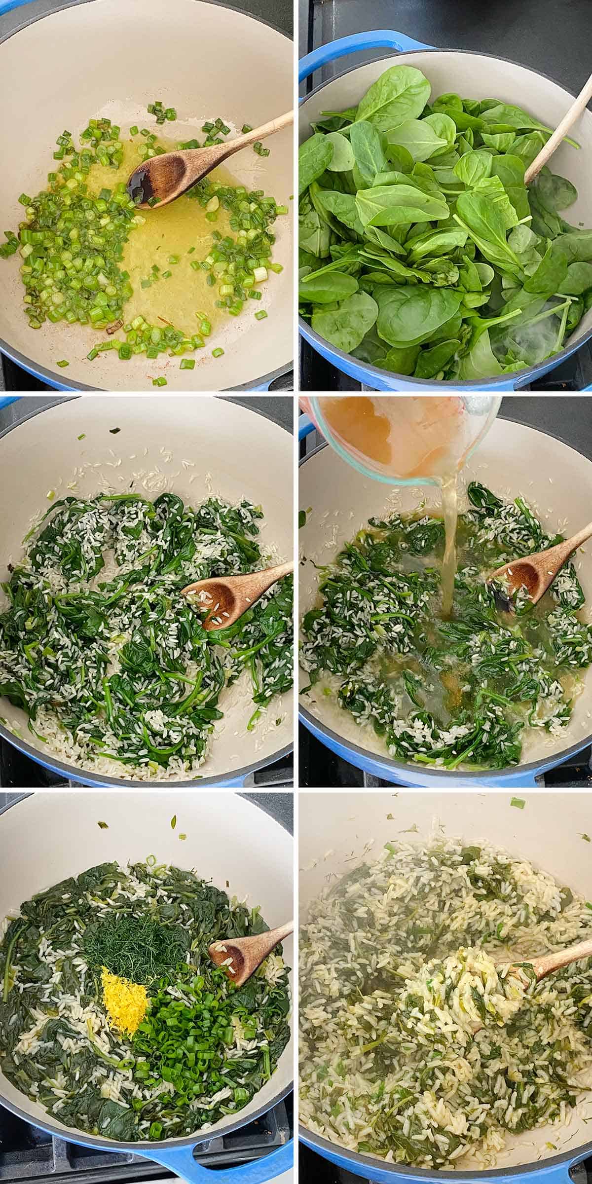 Process collage showing how to make spanakorizo with green onions, baby spinach, basmati rice, and lemon and fresh dill in a Dutch oven.