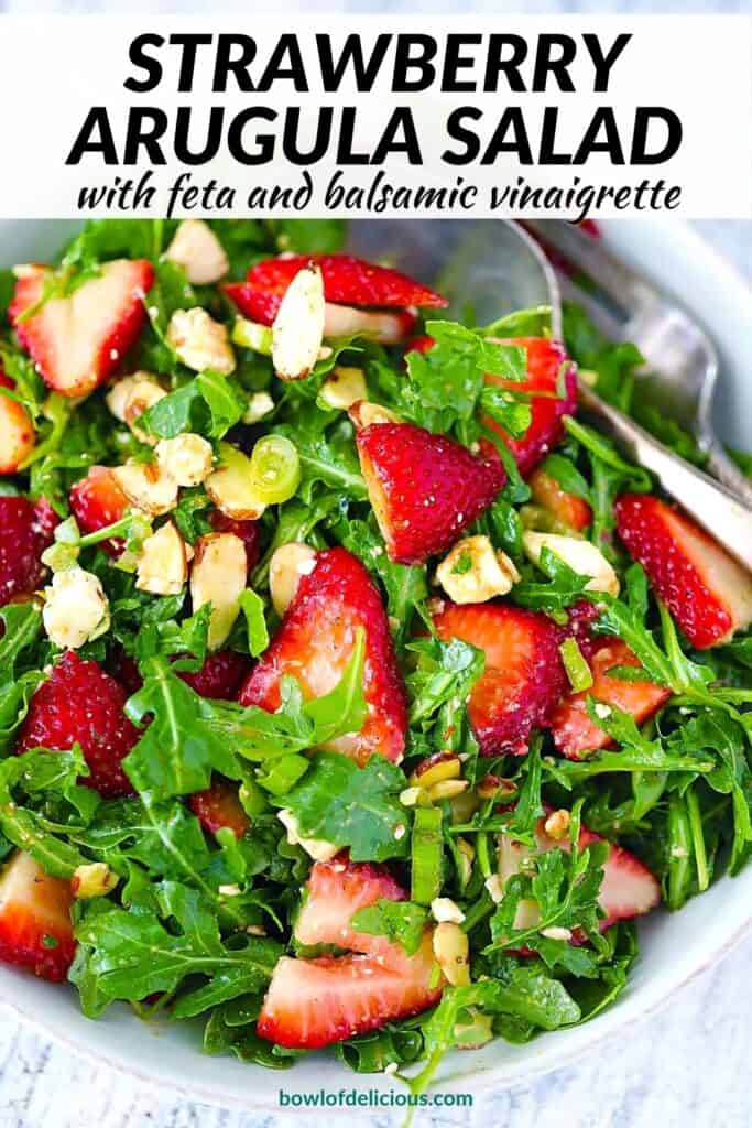Pinterest image for strawberry arugula salad.