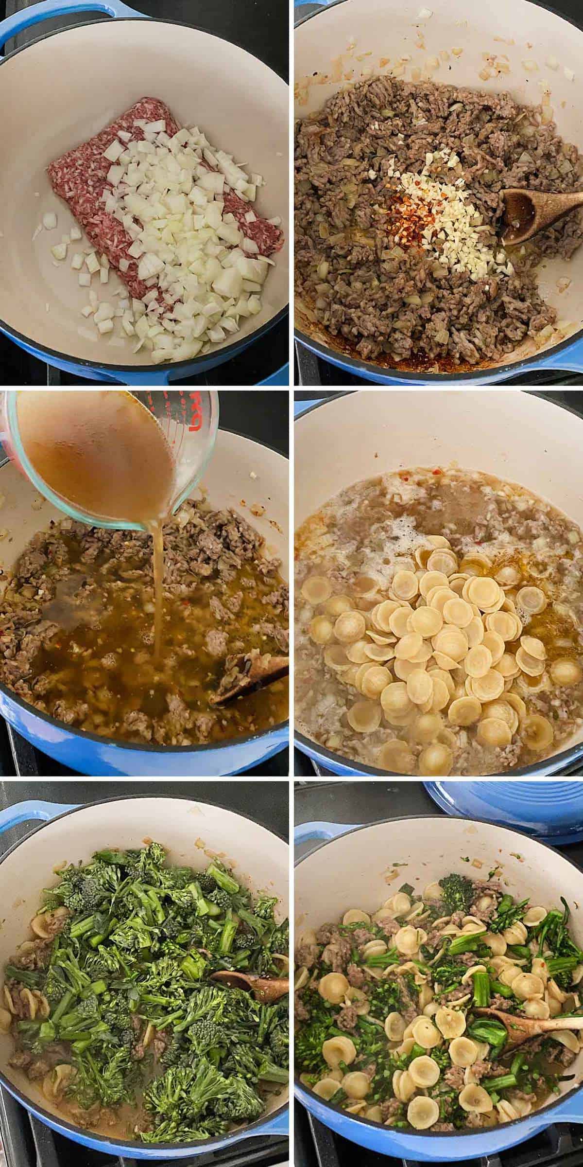 Process collage showing how to sauté sausage, onions, and garlic, and add pasta and broccoli in one pot.