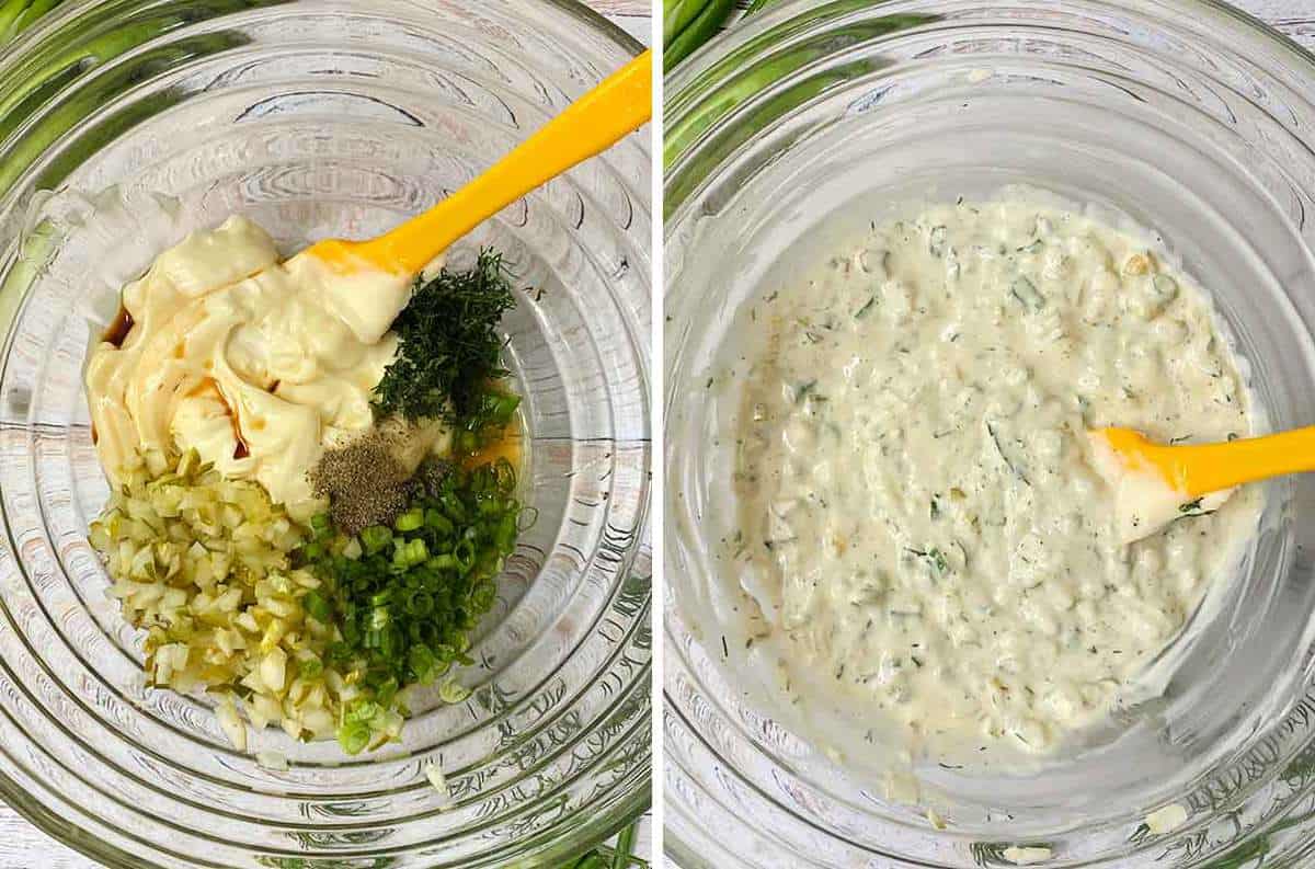 Process collage showing mixing the ingredients for homemade tartar sauce in a large bowl.
