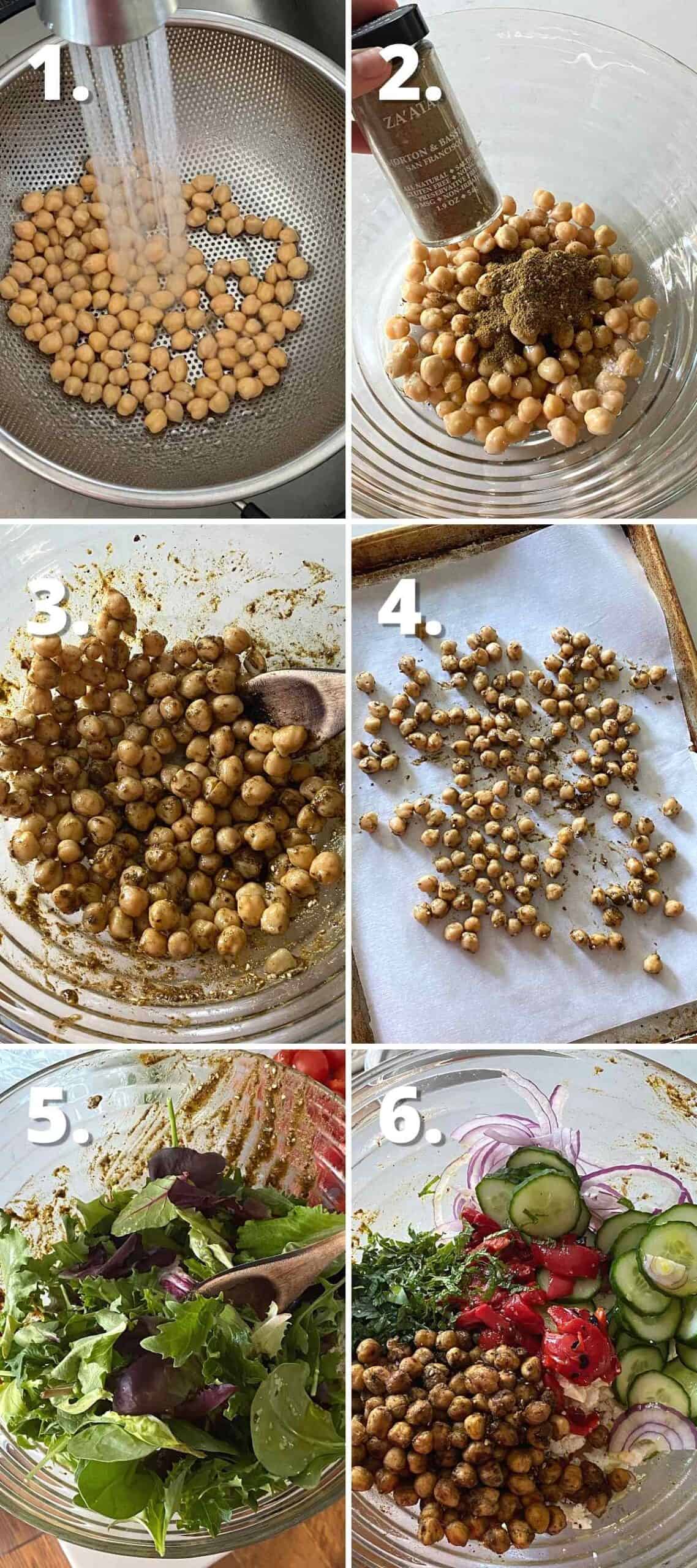 Numbered process collage showing how to roast za'atar chickpeas and toss salad ingredients in a bowl.