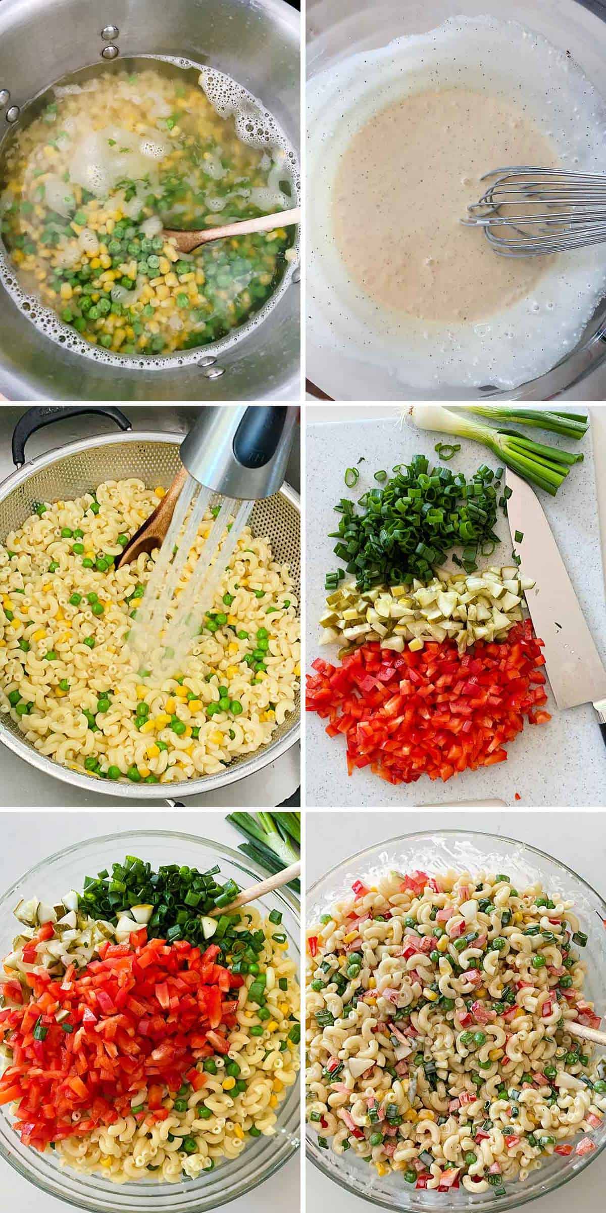 Process collage showing how to make macaroni salad with vegetables.