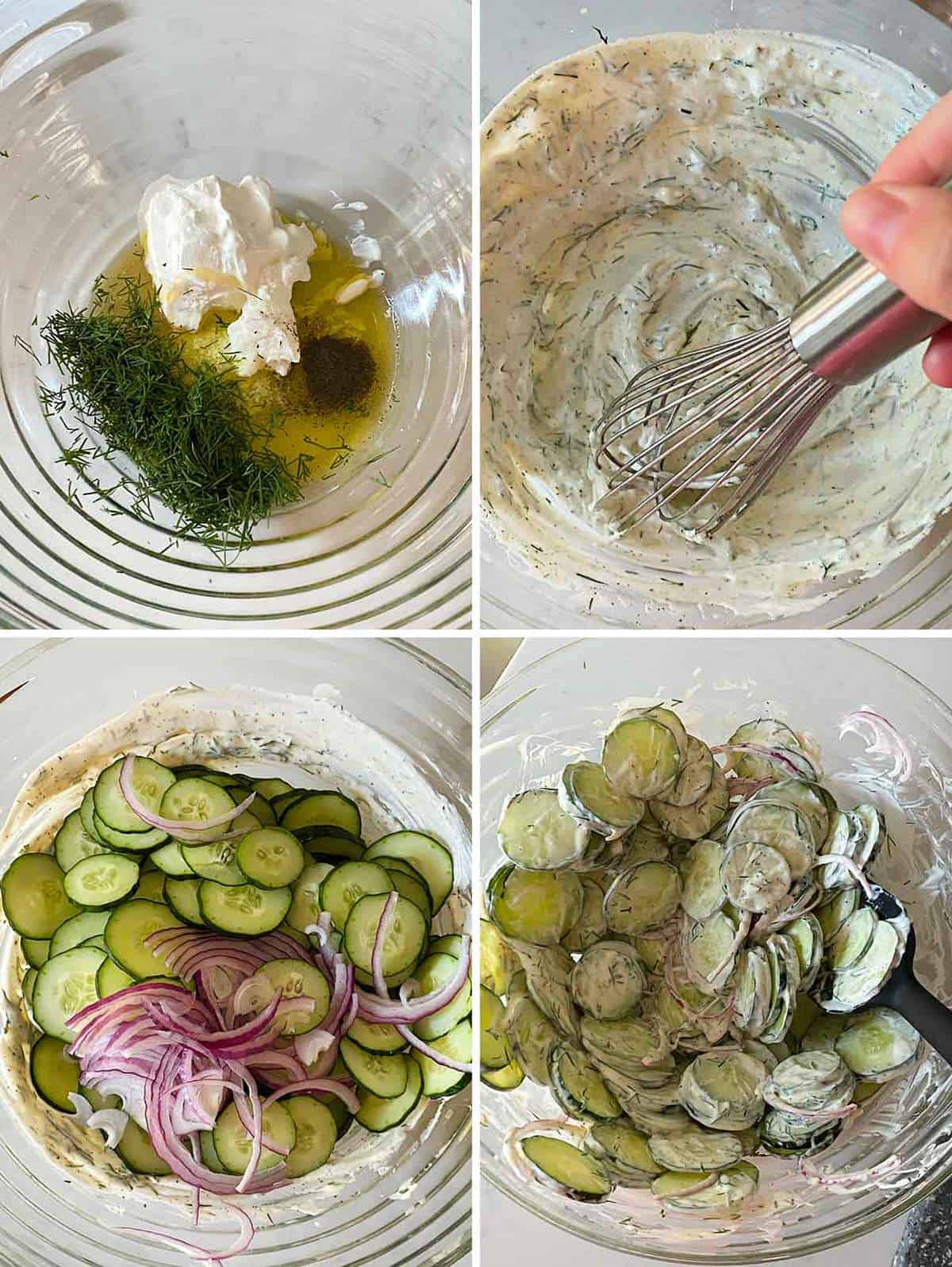 Process collage showing mixing a Greek yogurt, olive oil, and dill dressing with cucumbers and onions.