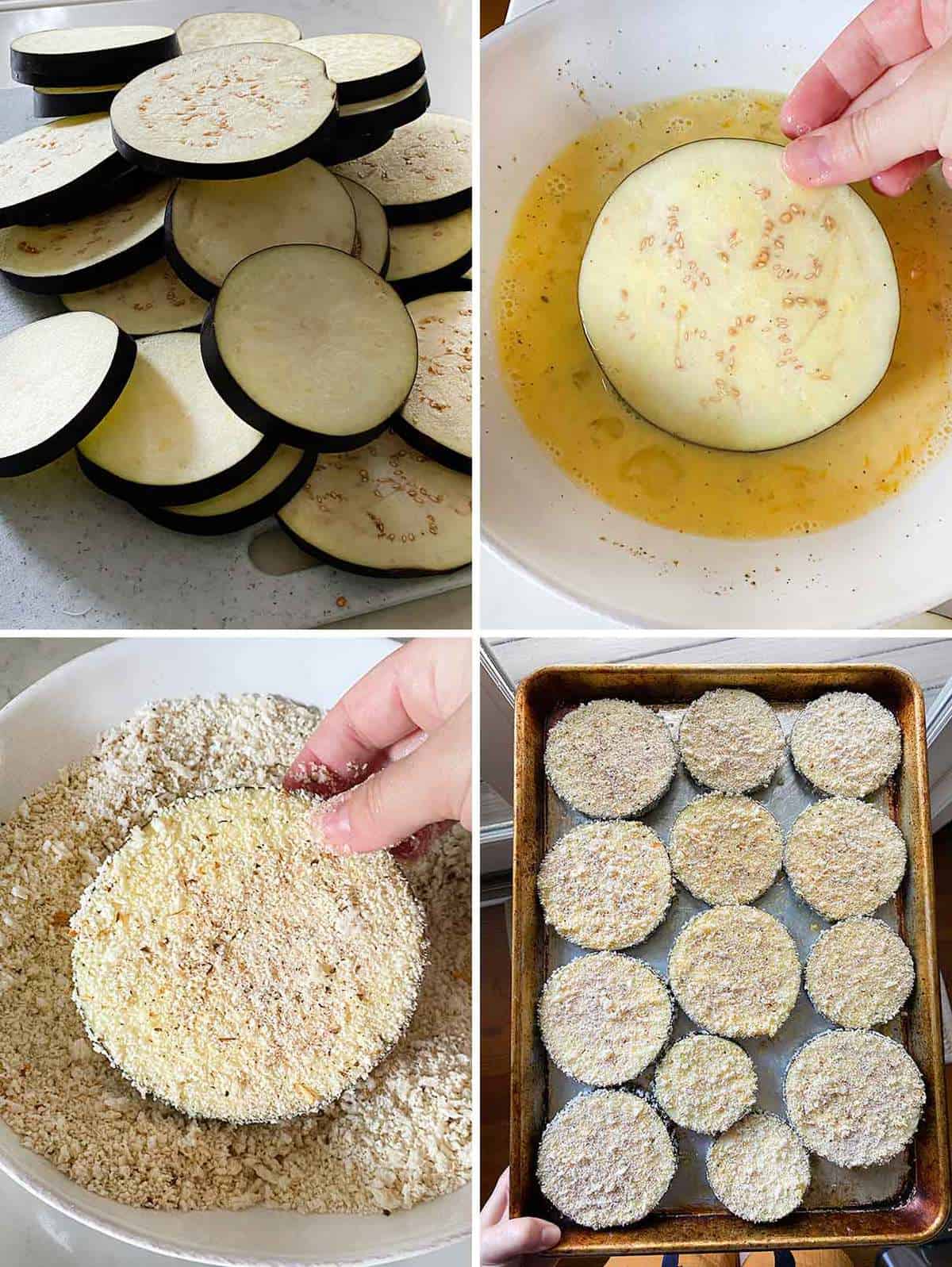 Process collage showing how to bread eggplant slices in panko breadcrumbs and roast.
