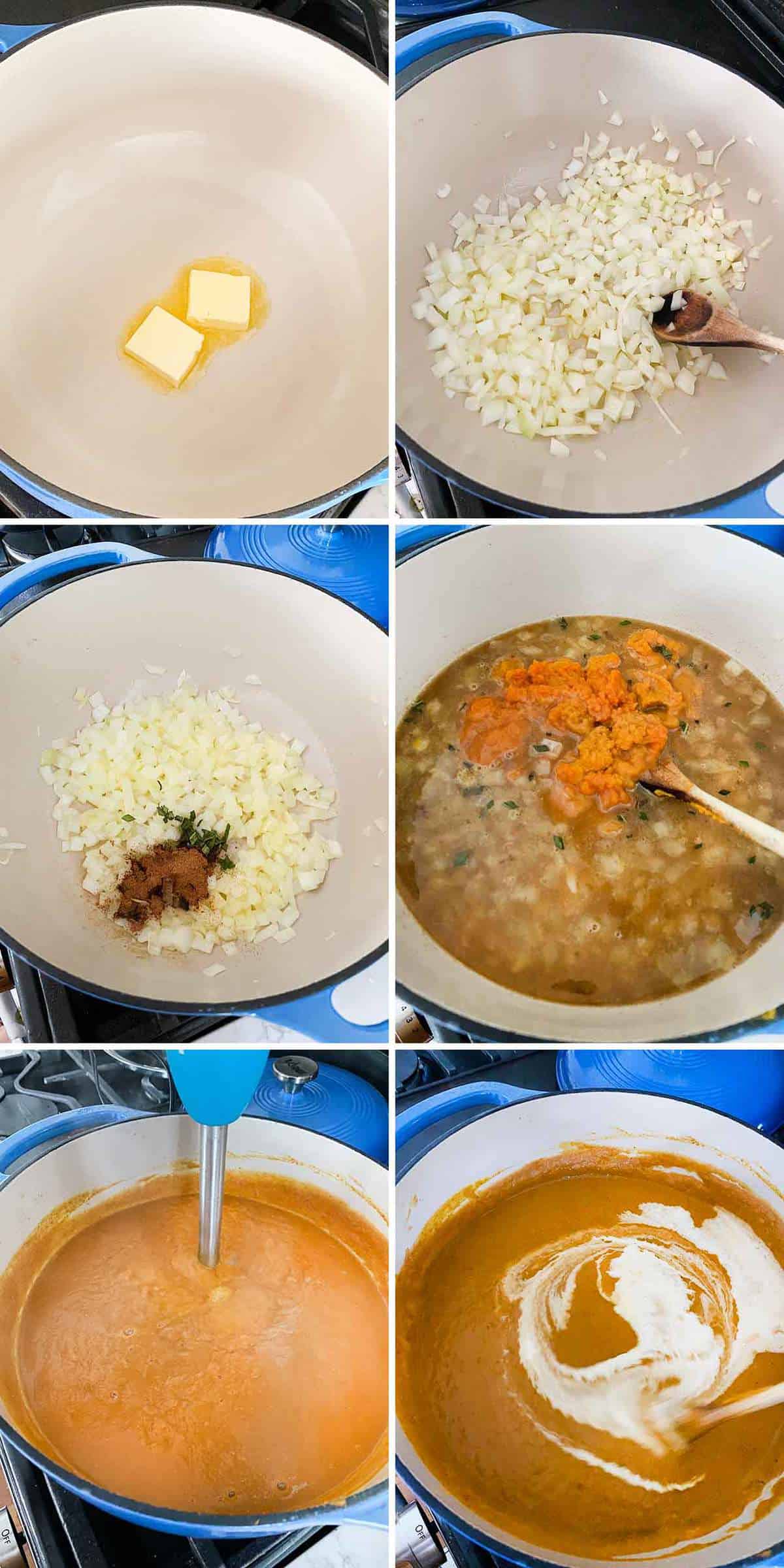 کلاژی که نشان می دهد چگونه سوپ کدو تنبل در یک اجاق هلندی درست می شود.