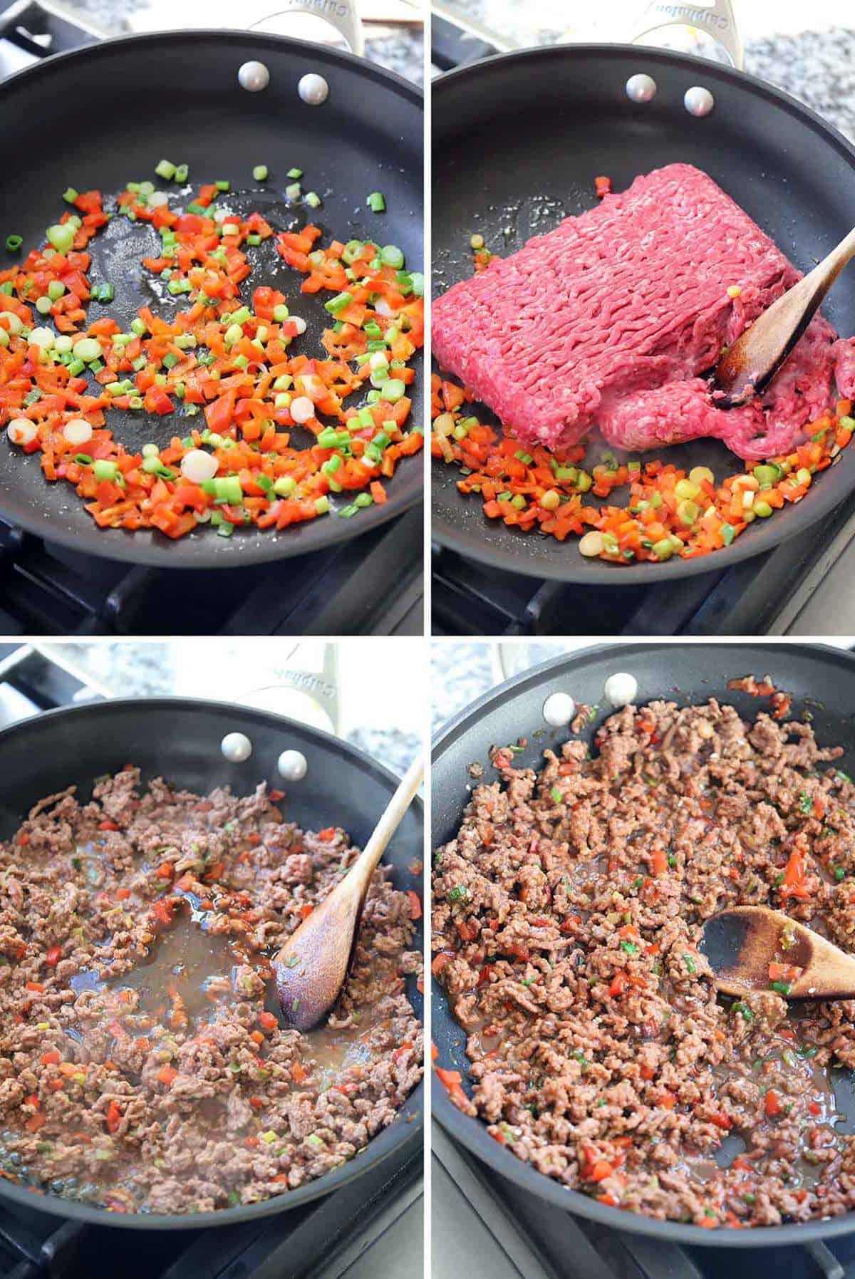 Process collage showing how to make the filling for korean beef bbq sloppy joe sandwiches.