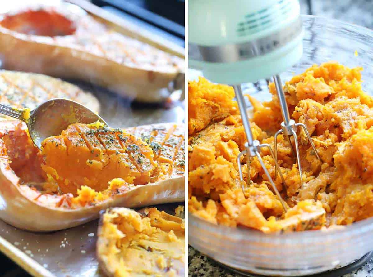 Scooping butternut squash and mixing it in a bowl with other ingredients.