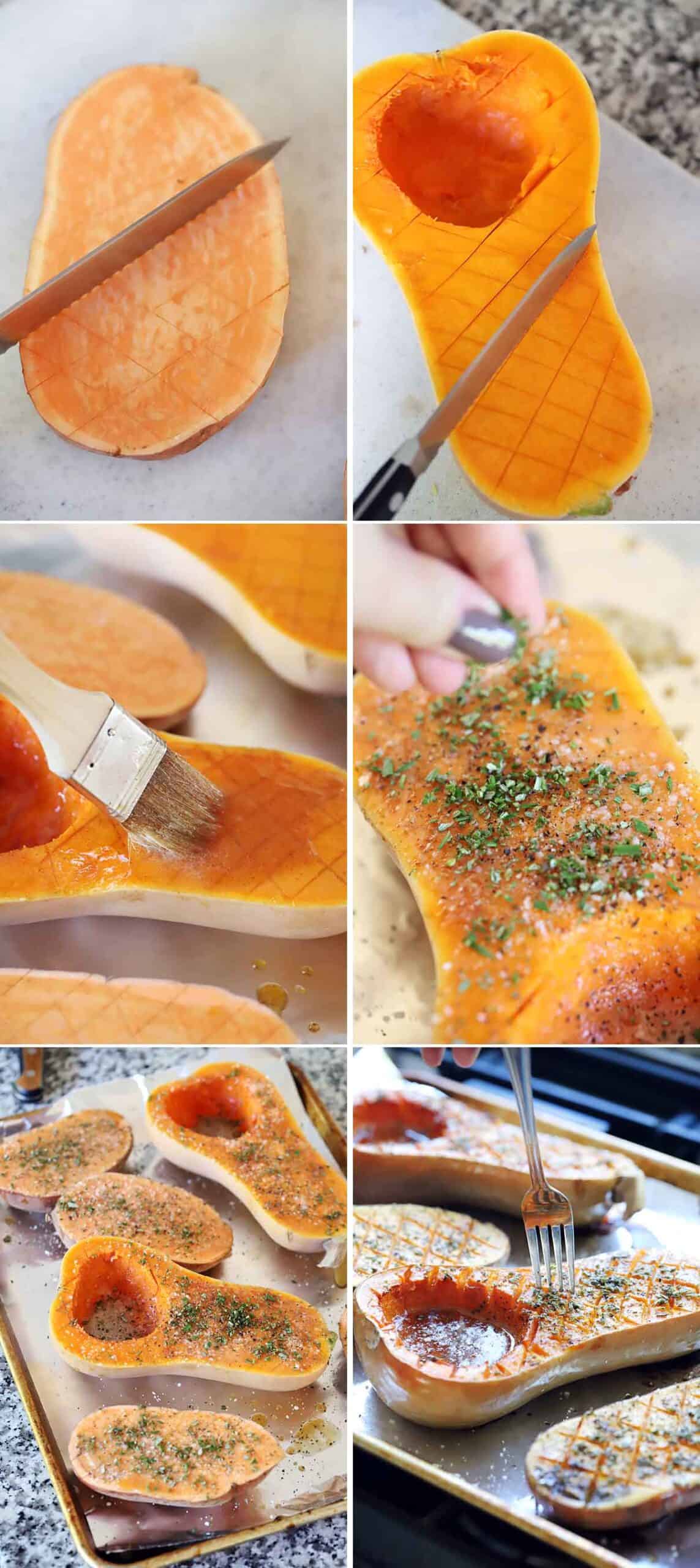 Process collage showing scoring, seasoning, and roasting halved sweet potatoes and butternut squash.
