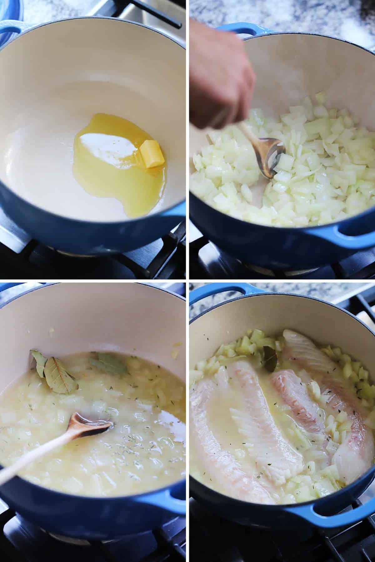 Process collage showing starting to make fish chowder in a Dutch Oven.