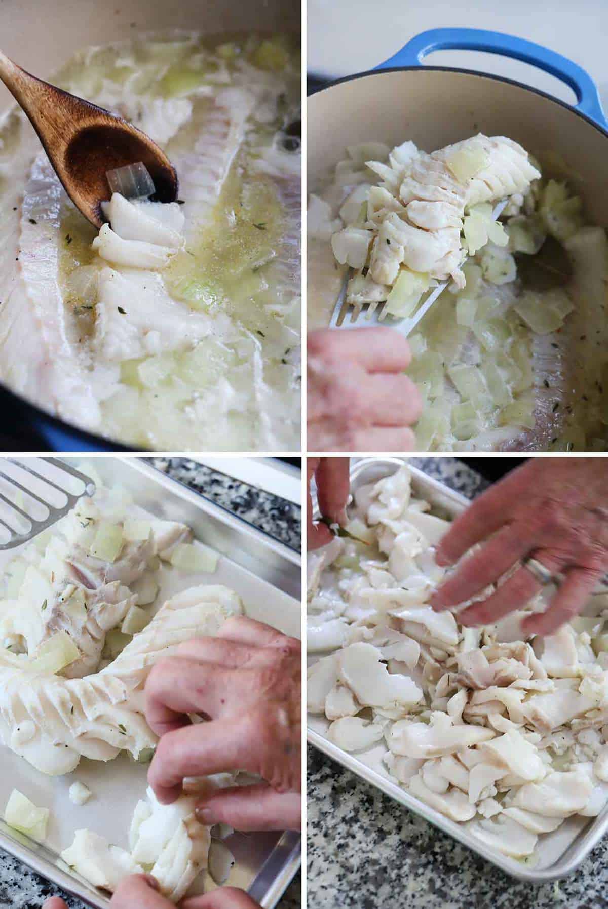 Process collage showing removing poached cod from soup and flaking it apart.