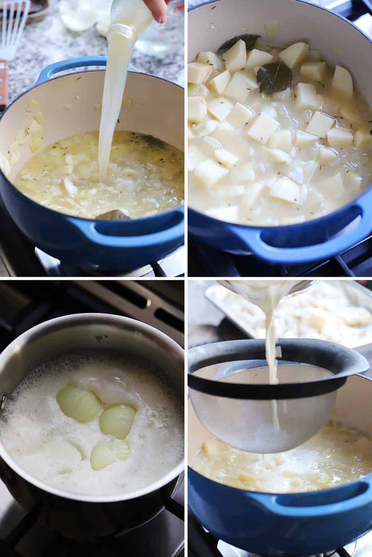 Process collage showing adding clam juice, potatoes, and scalded milk to fish chowder.