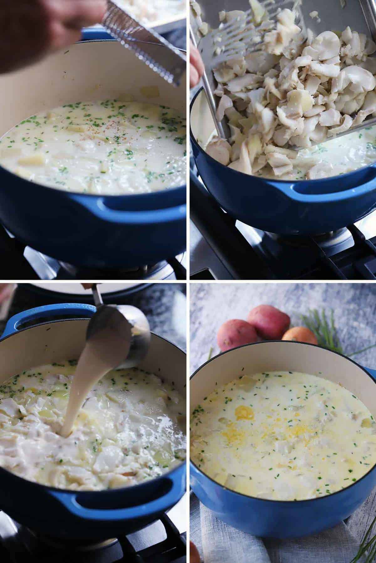 Process collage showing adding flaked poached cod and heavy cream to fish chowder.