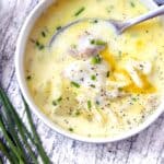 Square photo of an overhead shot of New England fish chowder.