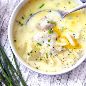 Square photo of an overhead shot of New England fish chowder.