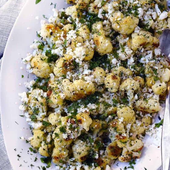 Greek Roasted Cauliflower Loaded with Feta and Herbs