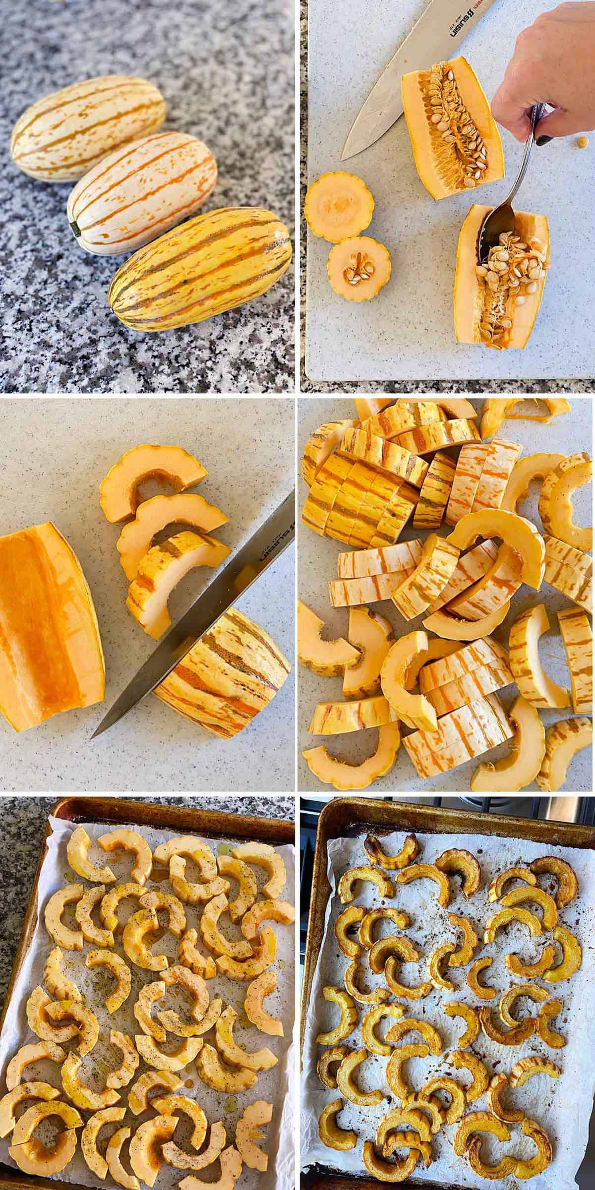 Process collage showing cutting seeding and slicing delicata squash and roasting.
