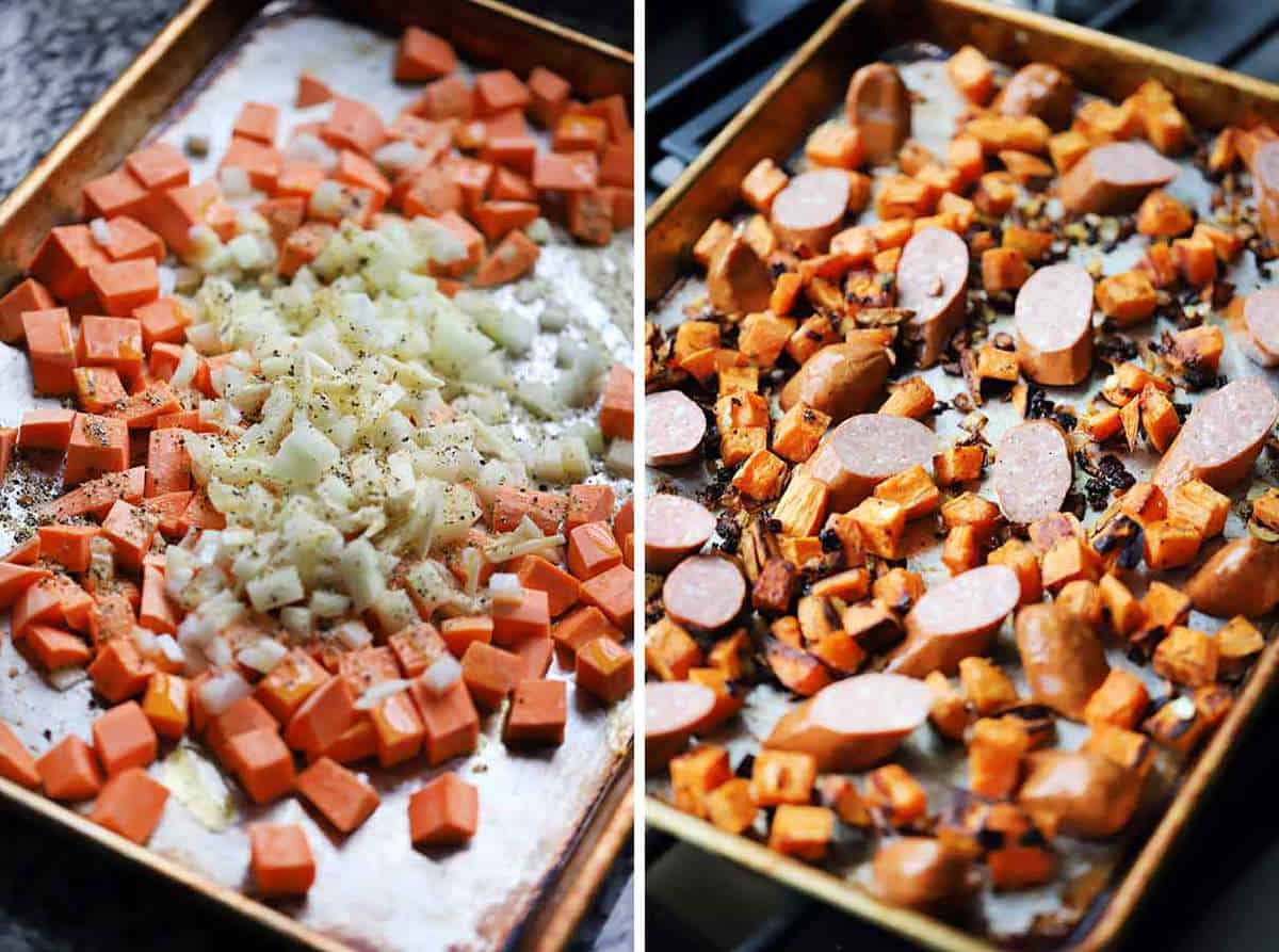 Process collage showing sweet potatoes, onions, and garlic on a sheet pan, then adding sausage to it after roasting.