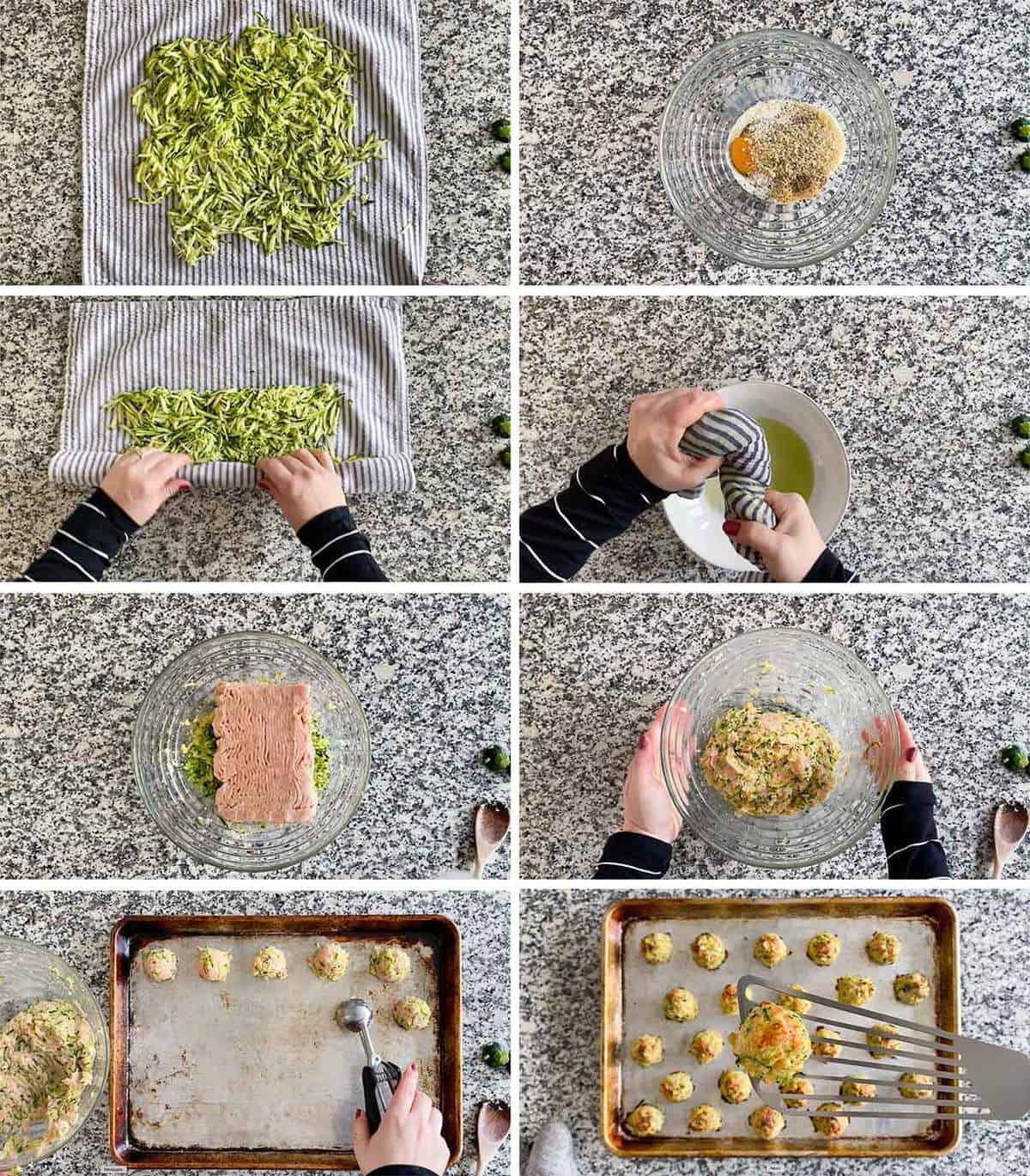 Process collage showing how to make chicken zucchini meatballs.