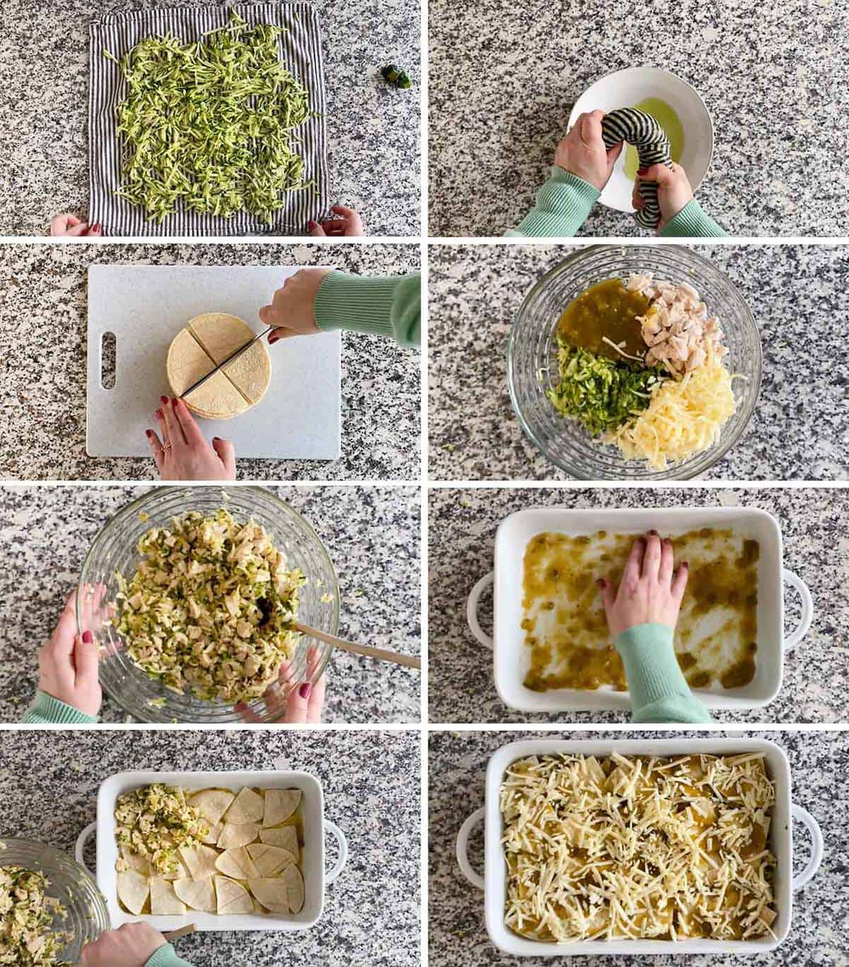 Process collage showing how to make green chicken enchilada casserole with zucchini.