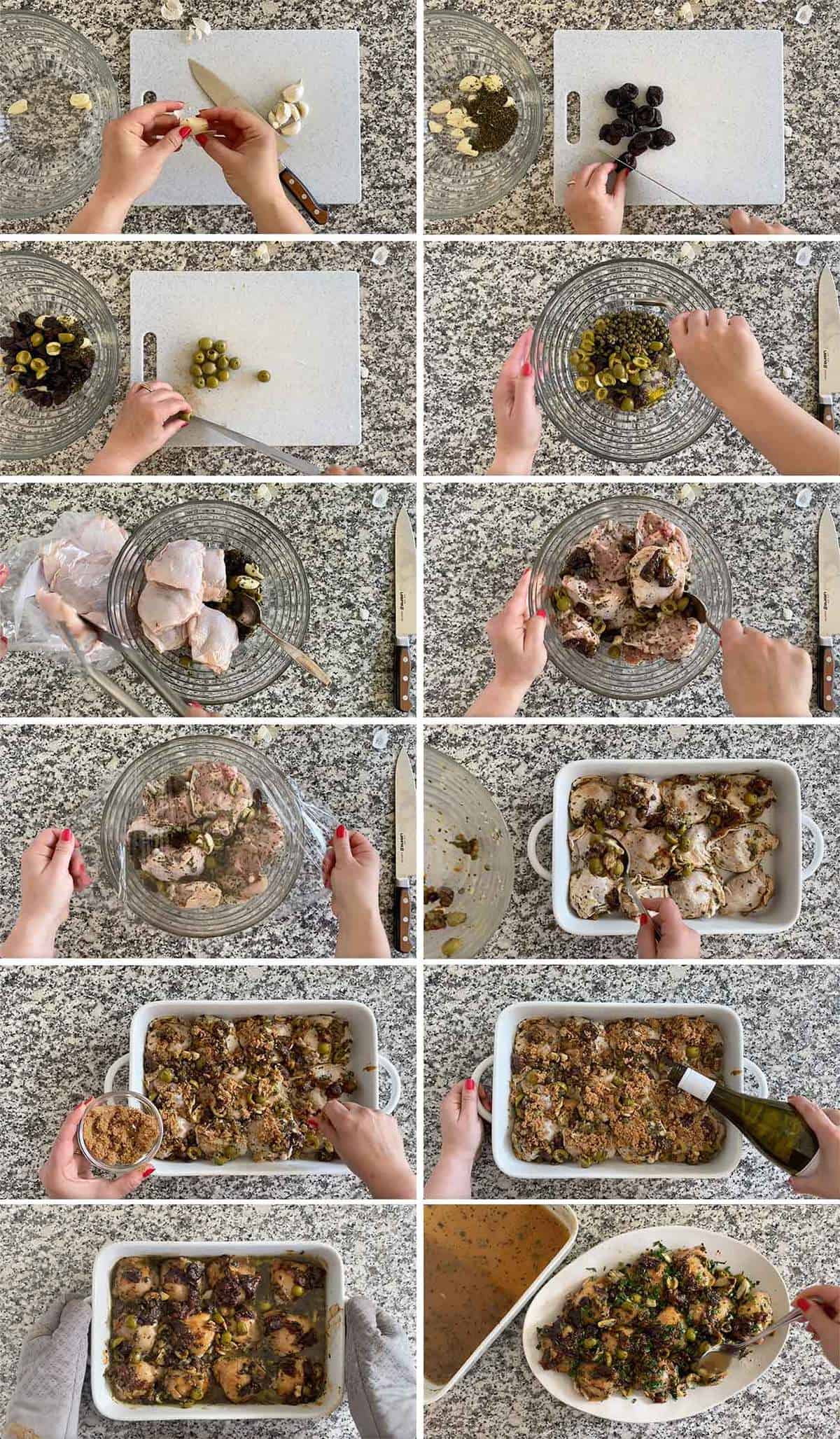 Process collage showing how to prepare Chicken Marbella.