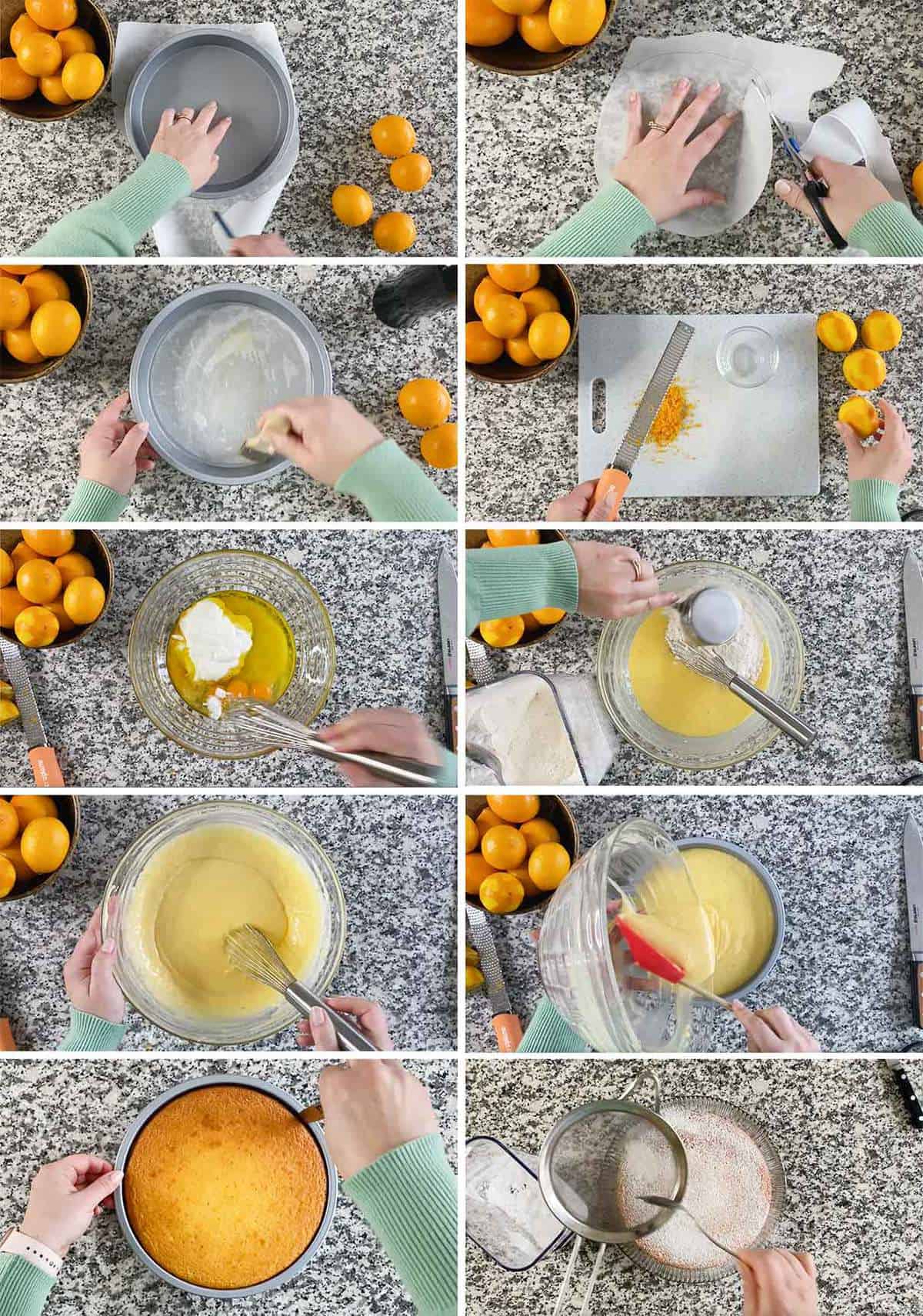 Process collage showing how to make lemon olive oil cake.