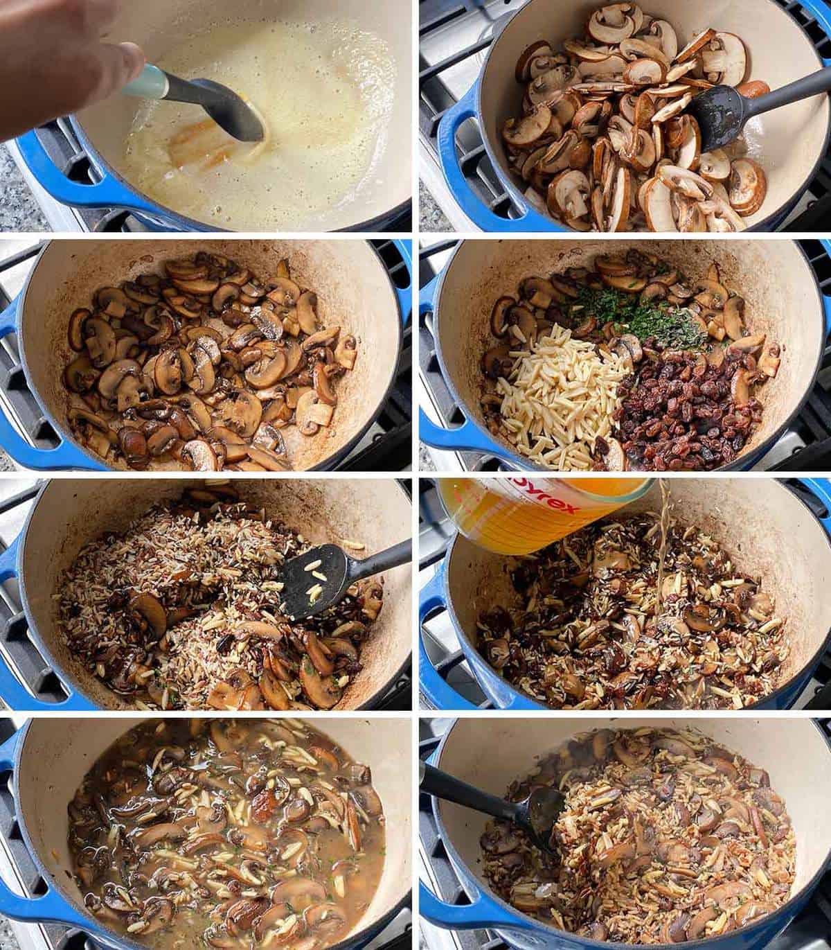 Process collage showing how to make mushroom wild rice pilaf in a blue Dutch oven.