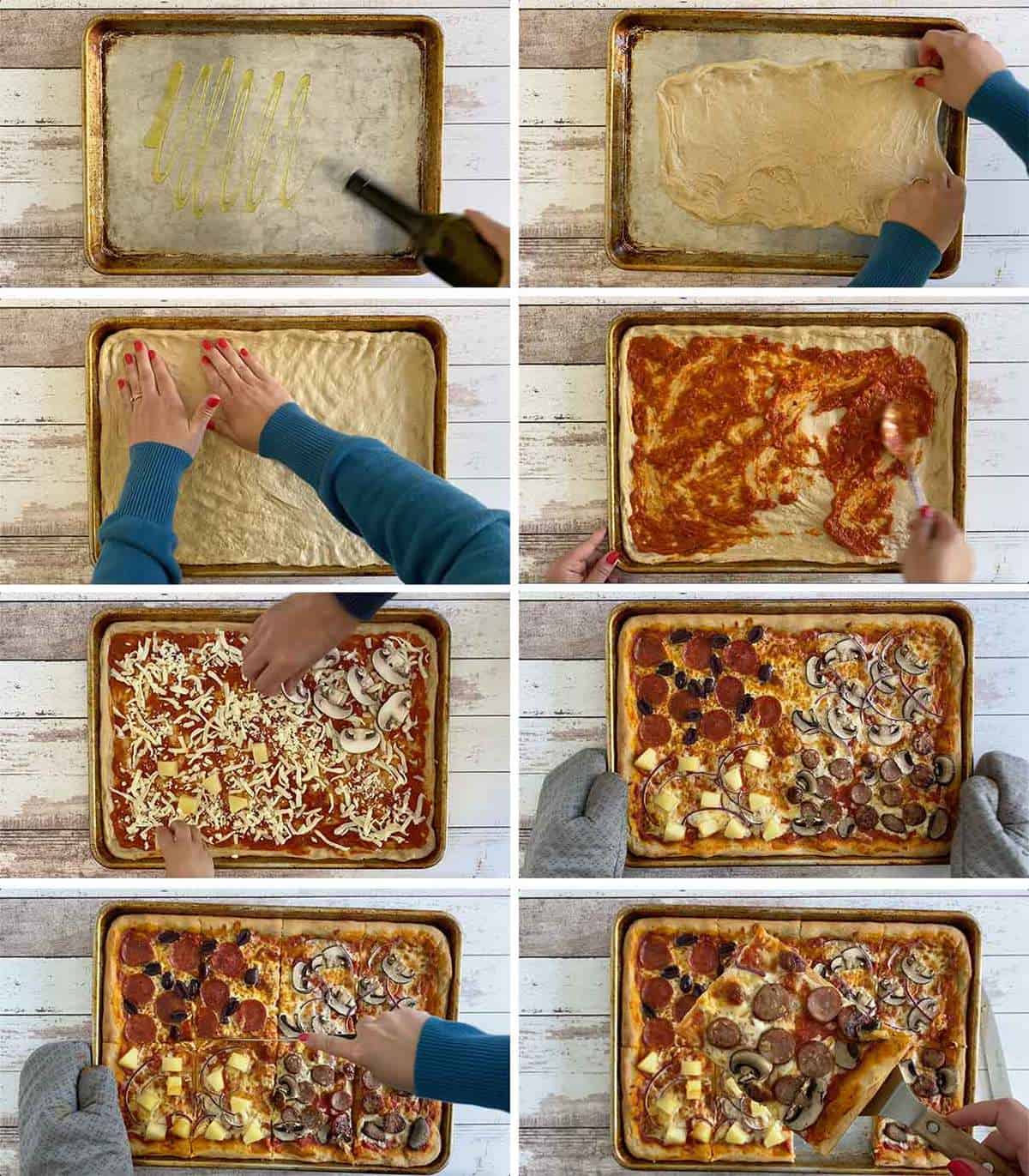 Process collage showing how to make a sheet pan pizza with different toppings.