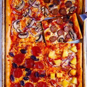Square photo of sheet pan pizza.