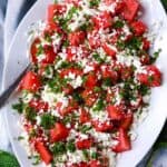 Square photo of watermelon feta mint salad.