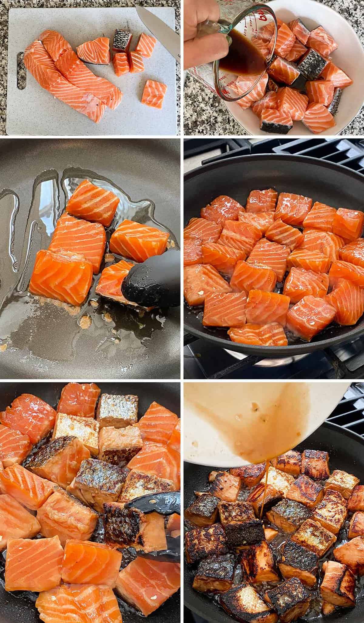Process collage showing how to prepare and pan-fry salmon bites in a skillet.