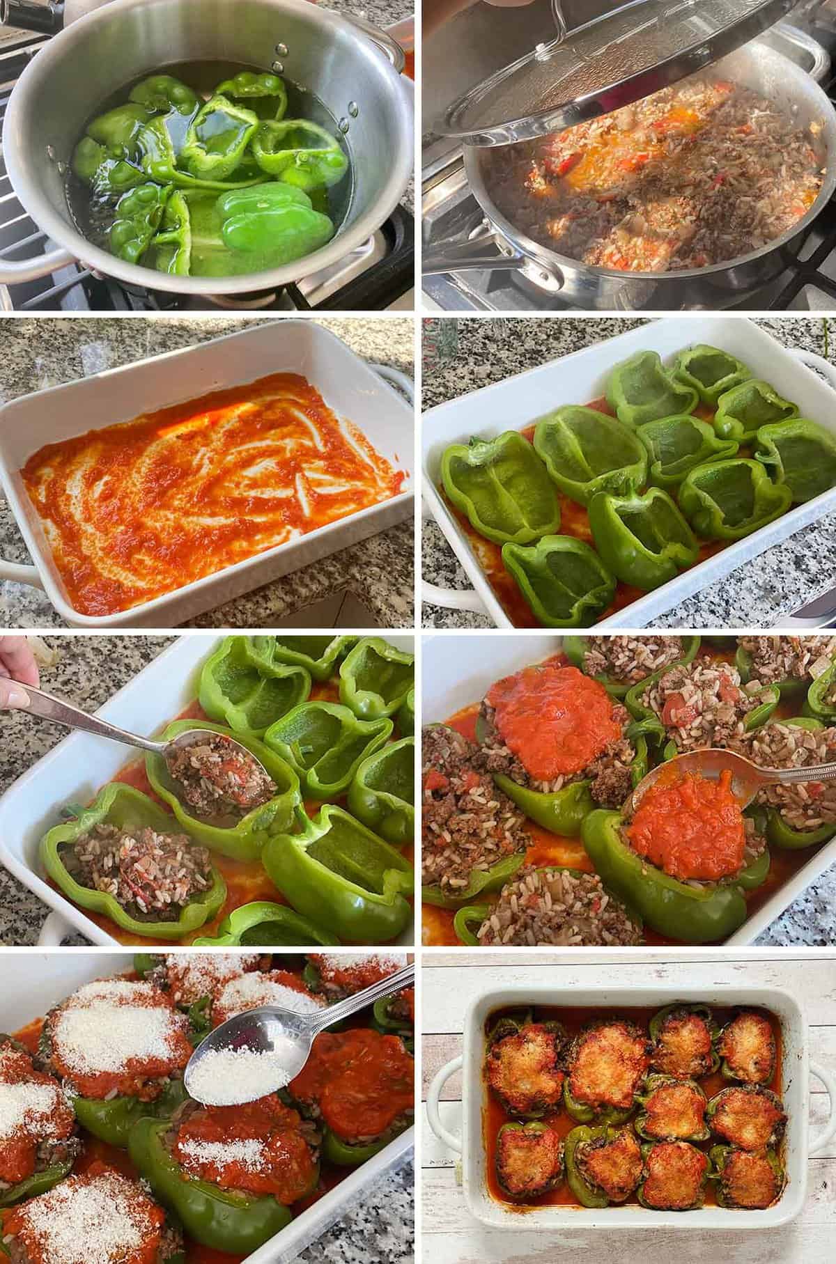 Process collage showing blanching peppers and stuffing them with beef and onions, baking to make stuffed peppers.