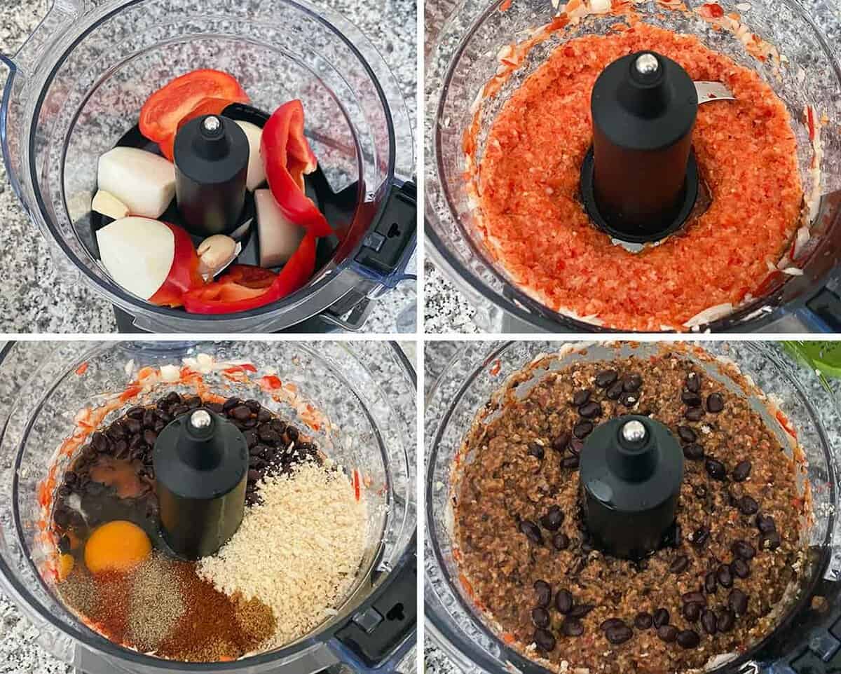 Process collage showing how to make a mixture for black bean burgers in a food processor.