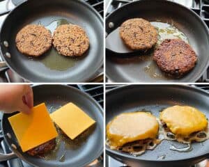Process collage showing how to sear a black bean burger in a skillet and add cheese to it.
