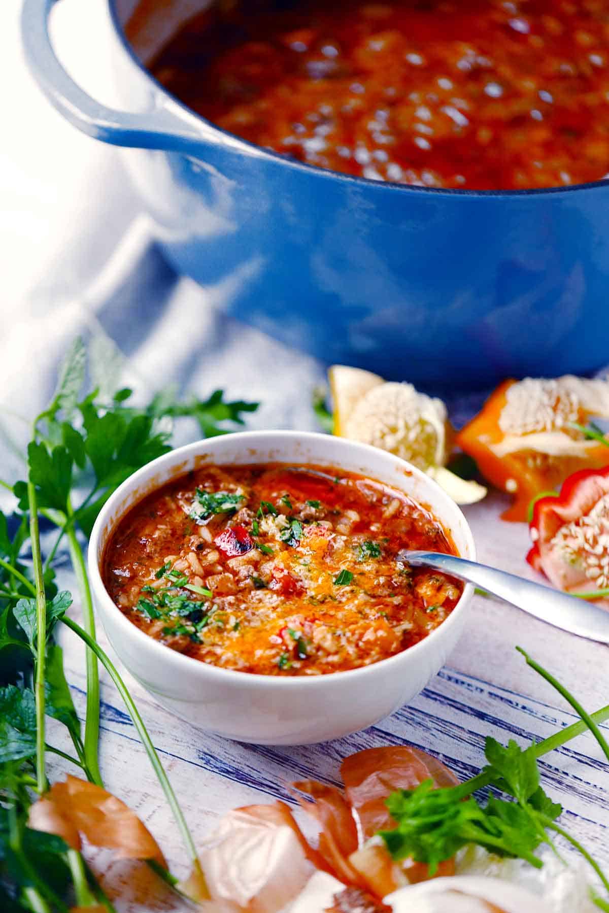 Angle view of a bowl of stuffed pepper soup and a Dutch oven in the background.