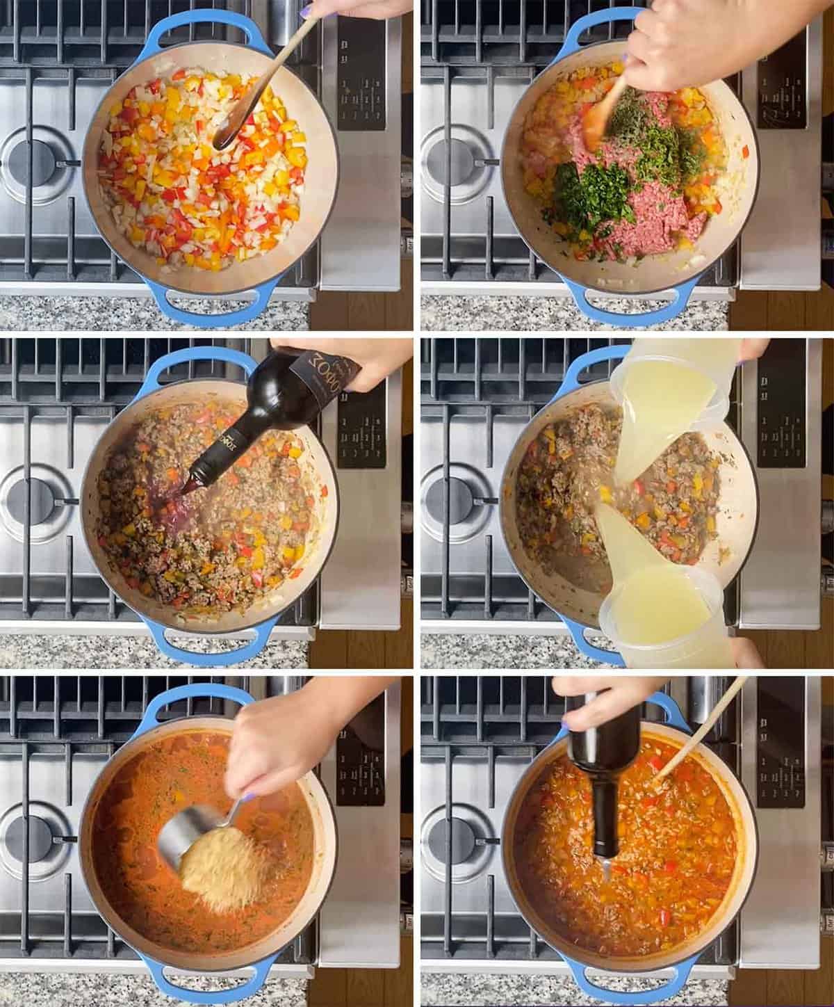 Process collage showing how to make stuffed pepper soup.