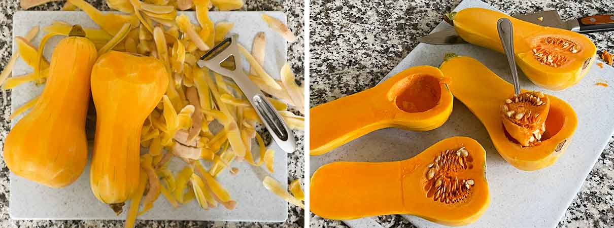 Peeling, cutting in half, and scooping out the seeds of a butternut squash.