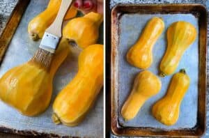 Brushing butternut squash with miso butter and placing on a roasting pan.