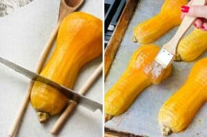 How to cut a butternut squash hasselback with spoons and brushing it with sauce.