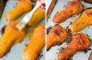 Brushing hasselback butternut squash with maple miso butter and broiling until browned.