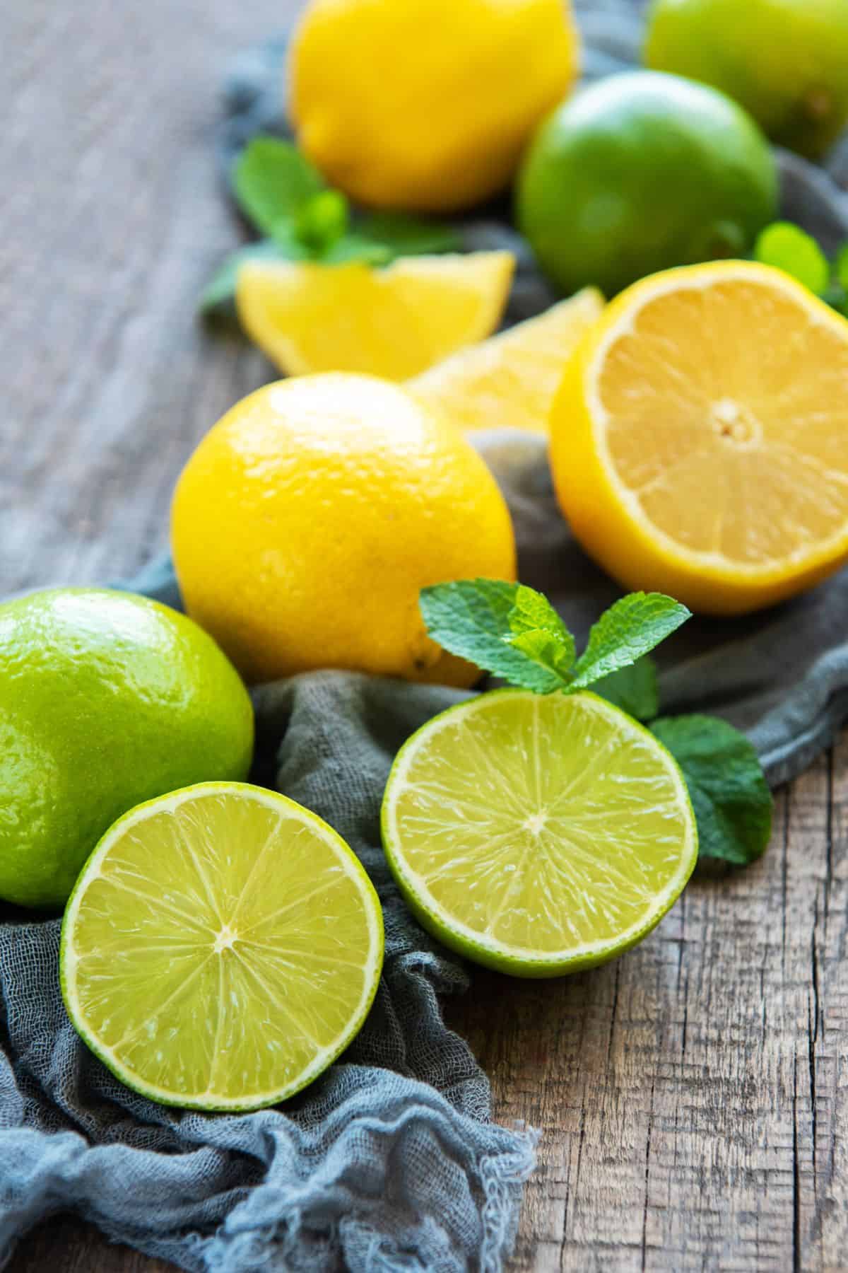 Lemons and limes on a table.
