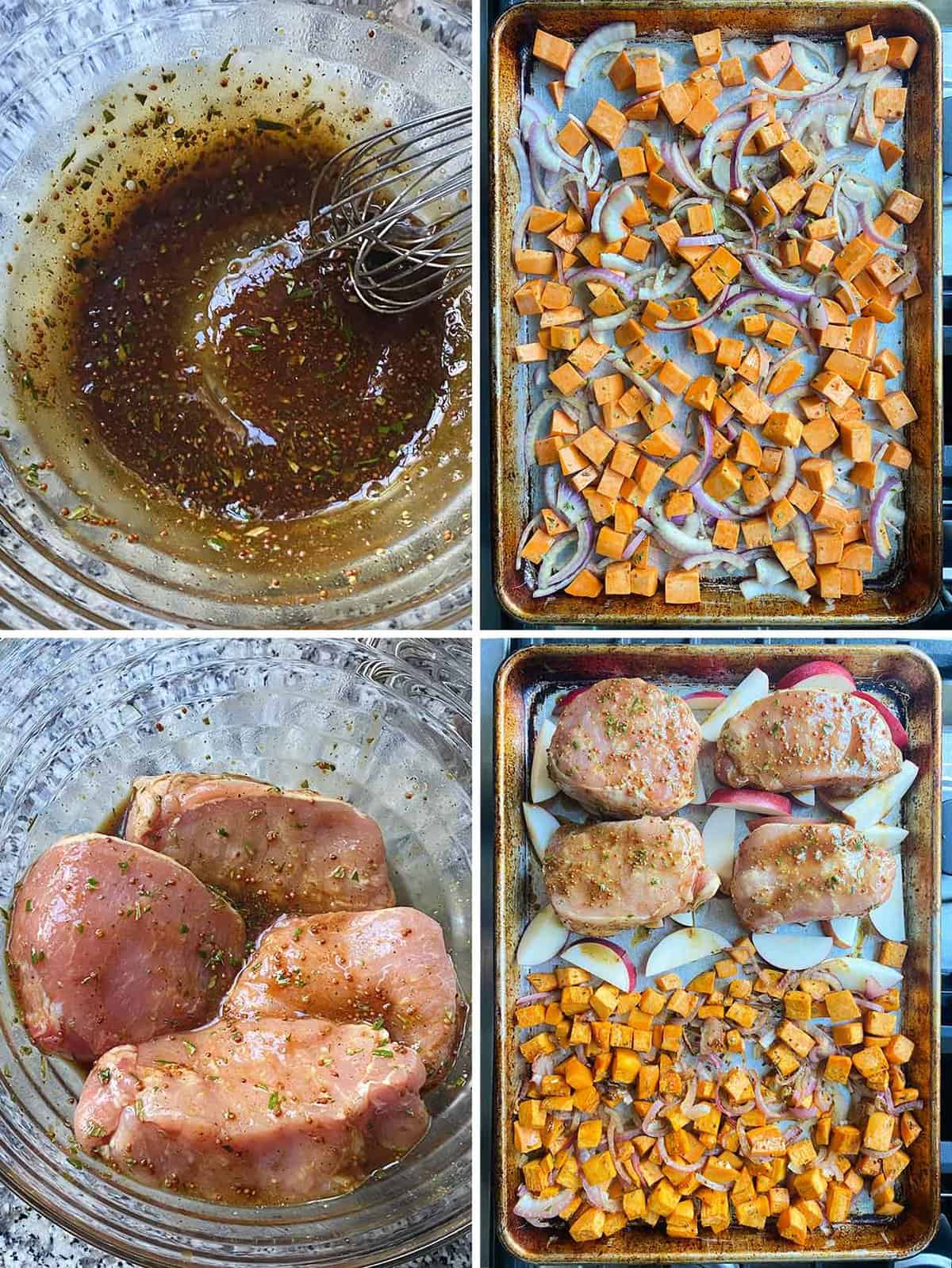 Process collage showing mixing a dressing to toss with sweet potatoes, pork chops, and apples for a sheet pan dinner.
