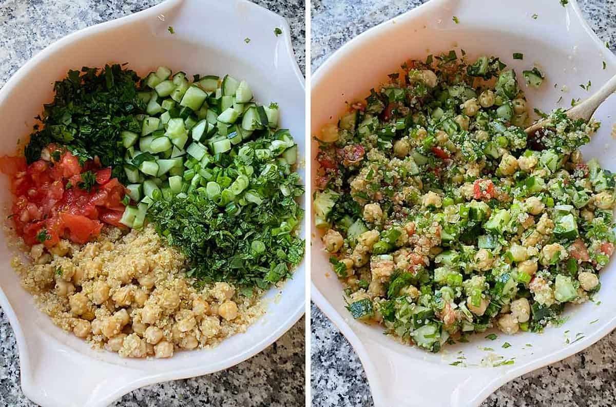 Collage showing ingredients mixed together for quinoa and chickpea tabbouleh salad.