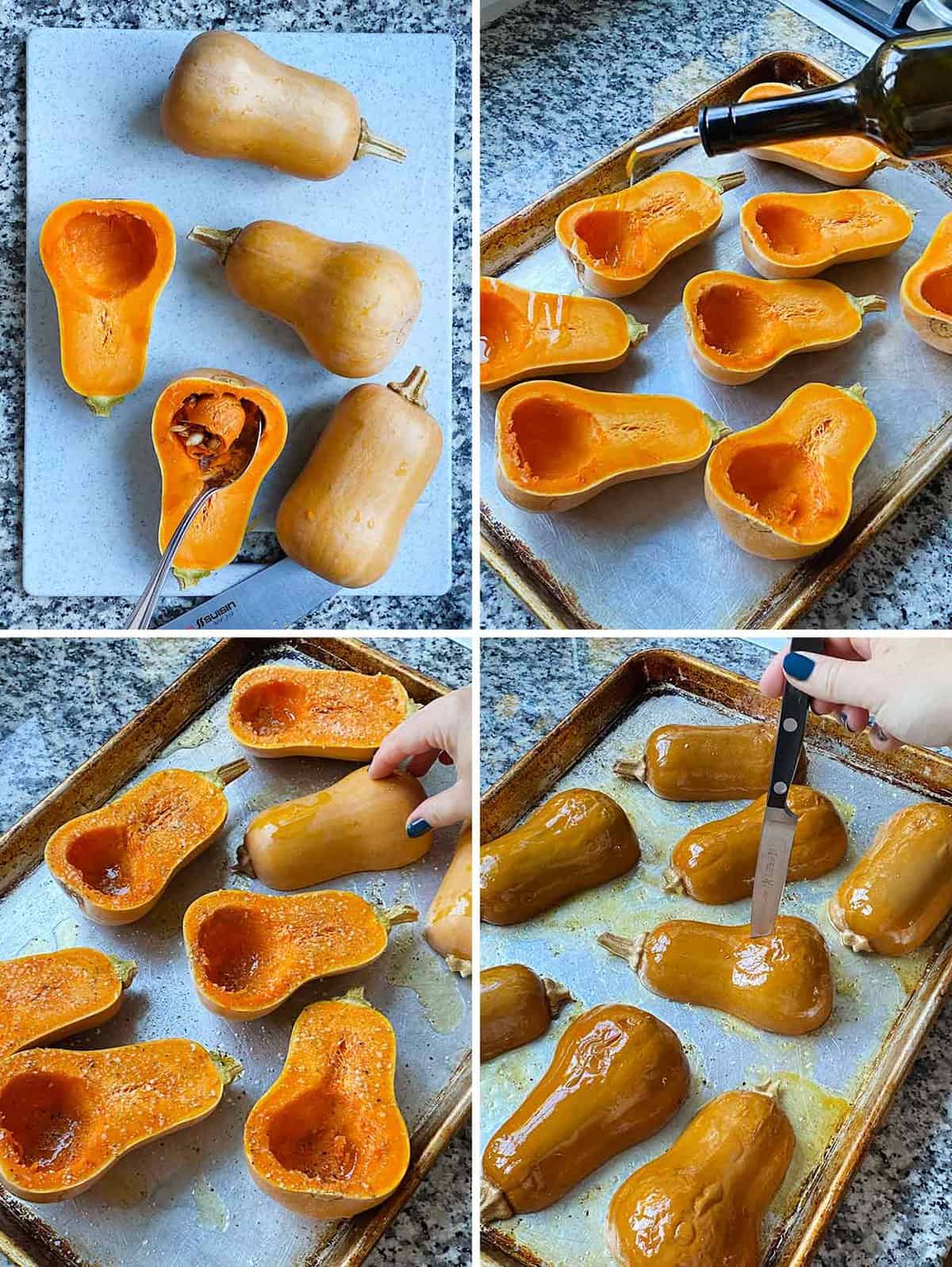 Process collage showing how to cut and seed a honeynut squash, season, and roast skin-side-up until tender.